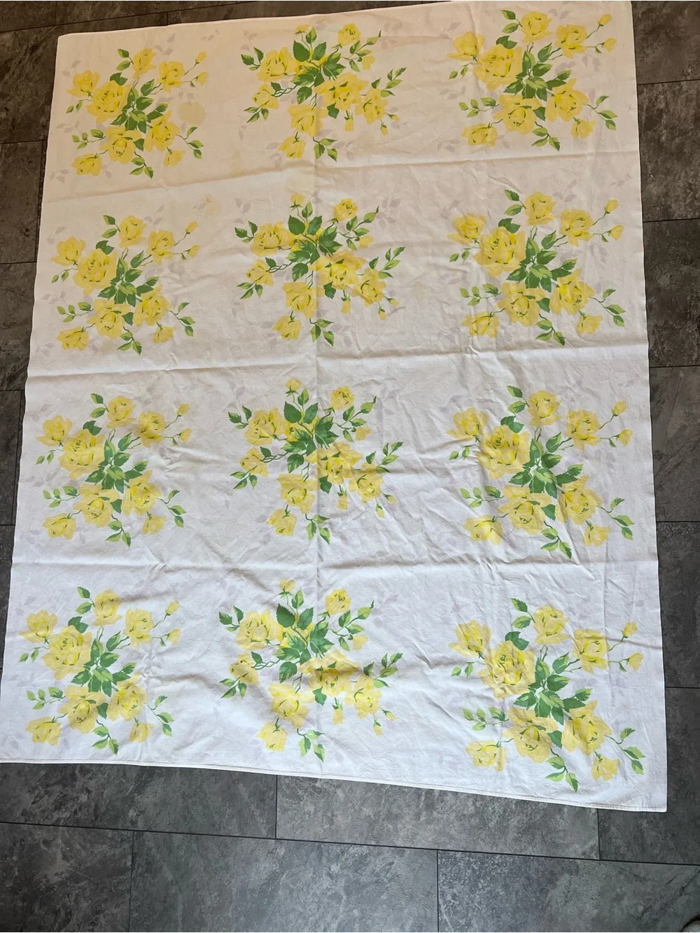 Vintage Yellow Rose Floral Tablecloth -  White Background pale lavender leaves